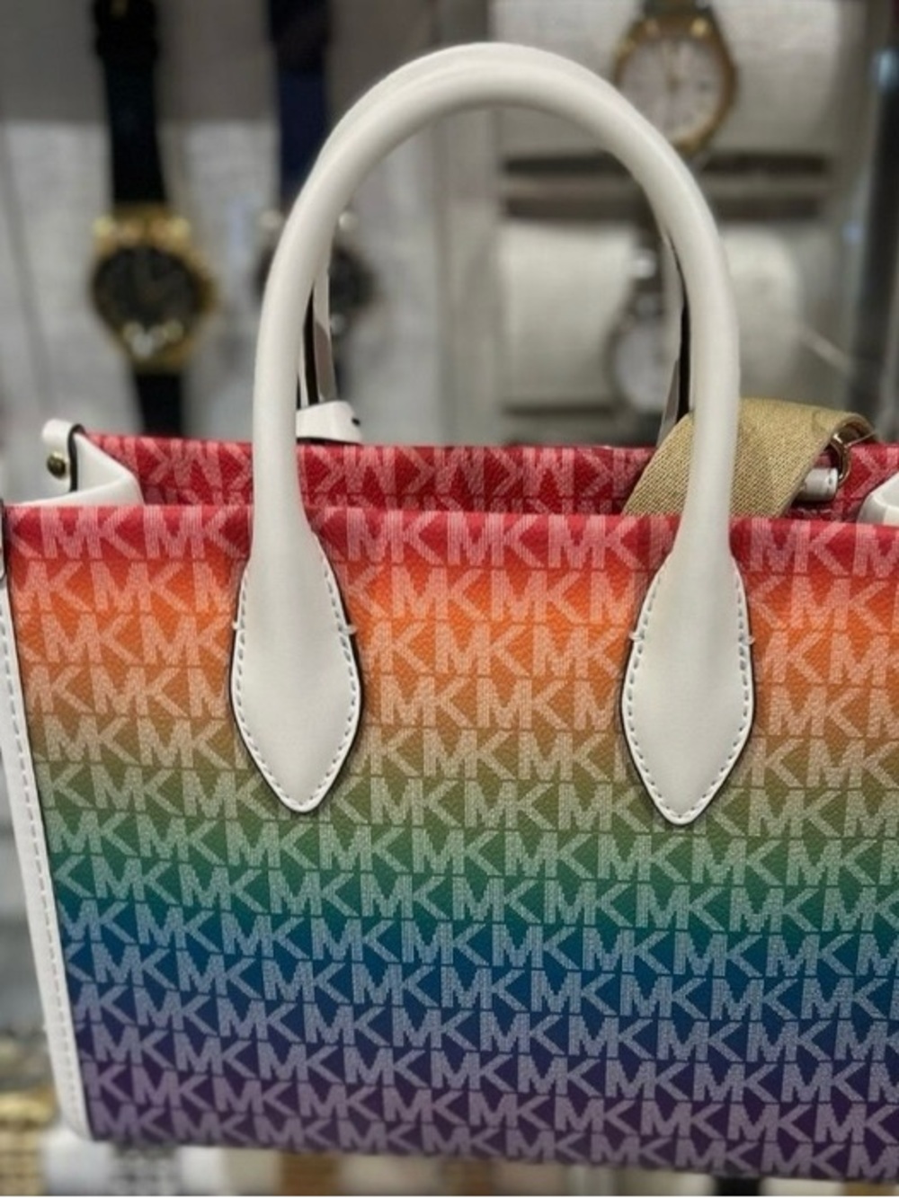 Michael Kors Rainbow MK Logo Satchel with White Handles